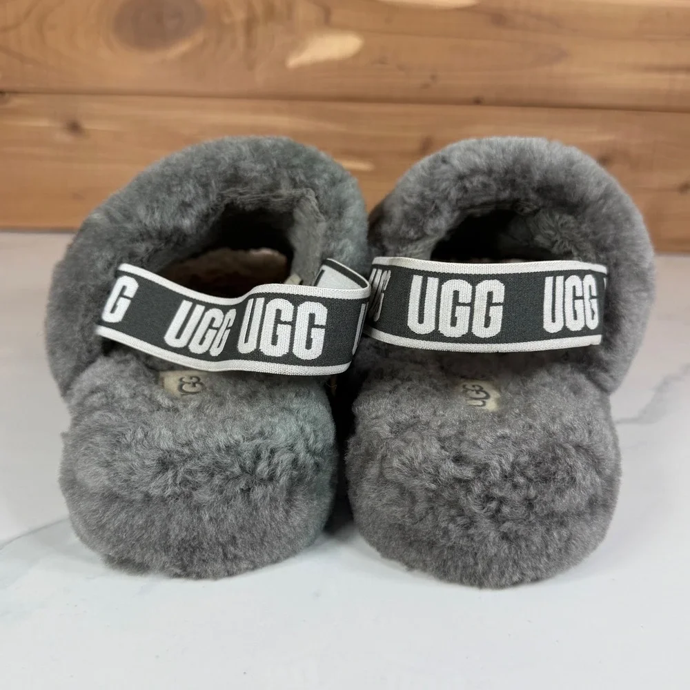 UGG Fluff Yeah Slide Charcoal Grey Kids Sheepskin Sandals Girl 2 Cozy Winter
